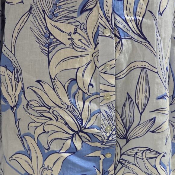Halston Blue and White Tropical Floral 100 % Linen Button Down Shirt Plus Sz‎ 2X - Picture 7 of 8